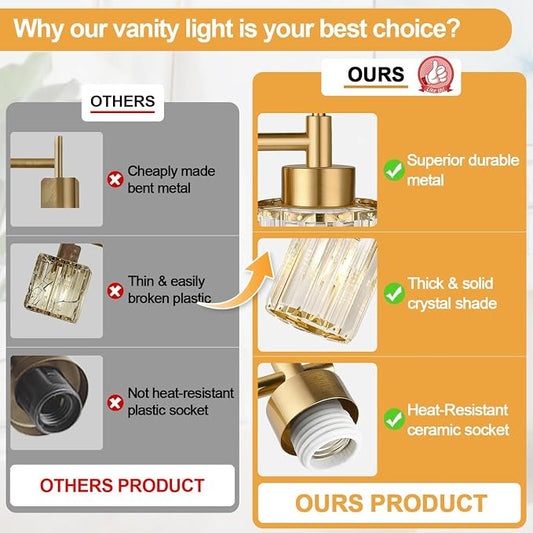Modern Crystal Bathroom Vanity Light, 2-Pack Brushed Gold Vanity Light with Clear Crystal Shades, Bathroom Light Fixtures Over Mirror (Bulbs Not Included)