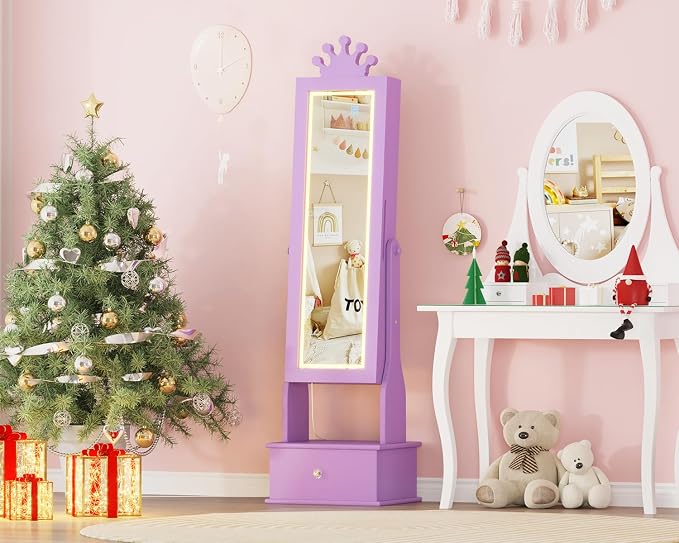 GarveeHome Kids Jewelry Armoire,Child Jewelry Cabinet with Led Light,Freestanding Jewelry Organizer with Full-Length Mirror,3 Storage Drawers,Kids Vanity Dress Up Mirror Cabinet for Girls(Purple)