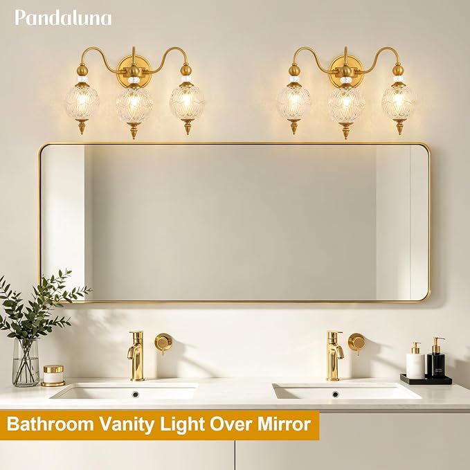 Vintage 3-Light Bathroom Vanity Light Over Mirror, Matte Brass | 18.7in Wide Farmhouse Bathroom Decor, Ribbed Glass Shades, G9 base, Wall Mounted, Mid Century Wall Sconces Vanity Lighting