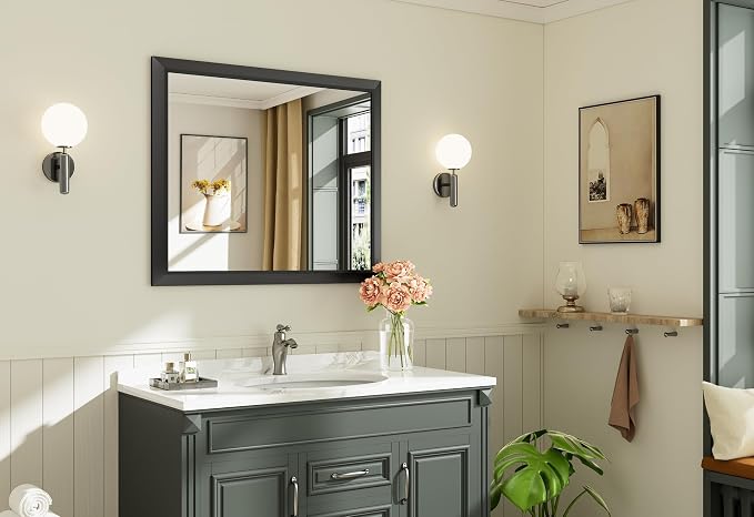 Black Metal Framed Bathroom Wall Mirror, 36x30 Inch | Anti-rust, HD tempered glass, for bathroom vanity, bedroom, living room, horizontal or vertical mount