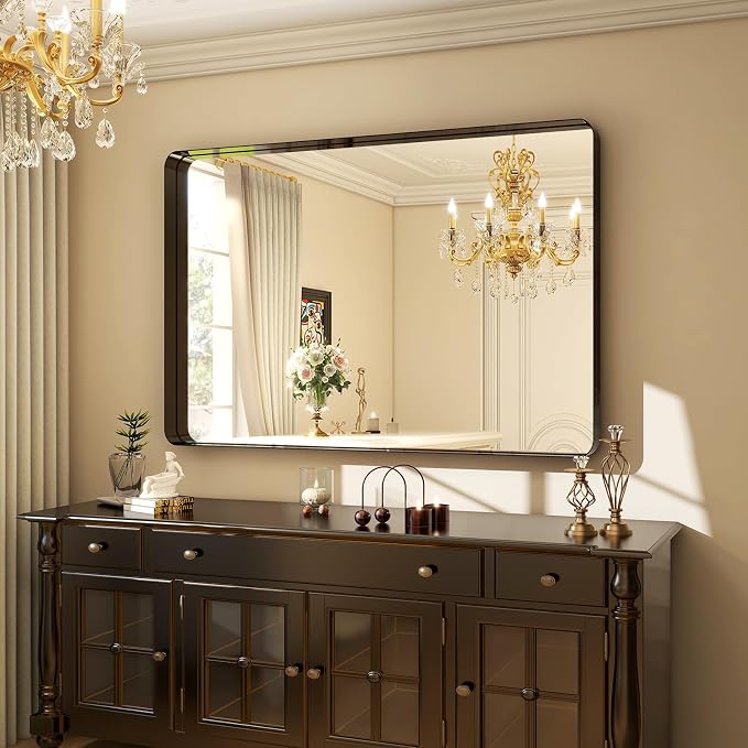 Easly 30"x40" Black Bathroom Mirror - Modern Mirror for Wall with Rounded Corners. Bathroom Mirrors for Vanity, Aluminum Alloy Framed Mirror Portrait or Landscape Hang, Rectangle Mirrors