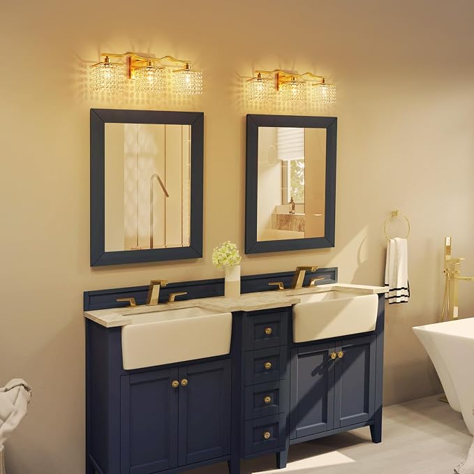 WUZUPS 3-Light Bathroom Light Fixture Over Mirror Morden Vanity Wall Sconces Light Clear Crystal Drop for Bedroom Living Room, E12 Base, Gold