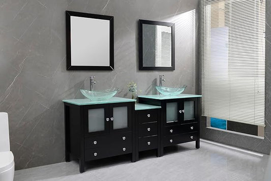 76" Freestanding Wooden Modern Bathroom Vanity with Double Vessel Sink Set Bathroom Mirror Included