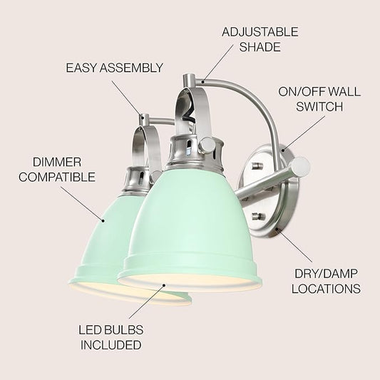 JONATHAN Y 16.25" Mint Green/Nickel 2-Light LED Vanity Light, Adjustable Wall Sconce for Bathroom Mirror, Farmhouse Bohemian Kitchen Light, Iron Black Bell Shade (JYL1115C)
