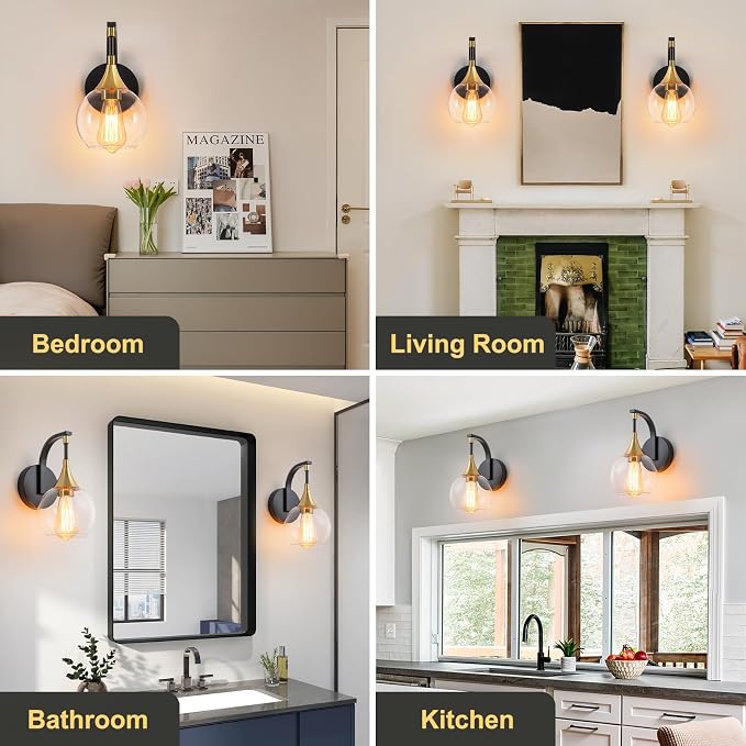 Modern Wall Sconce, 1-Light Black and Gold Bathroom Vanity Lights | with Clear Glass Shade, Globe Wall Mounted Light Fixture for Bathroom,Living Room, Hallway, Bedroom