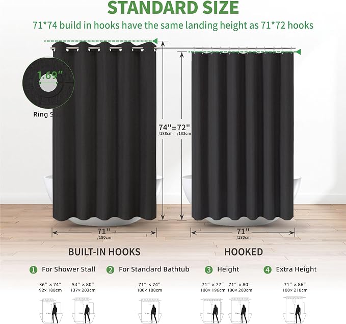 Long No Hooks & No Liner Needed Fabric Shower Curtain,71"Wx80"L,Black | Linen Texture,100% Waterproof TPU Laminated Layer,Bottom Magnets,Machine Washable,Hotel Style Bathroom Curtain For Shower,Tub