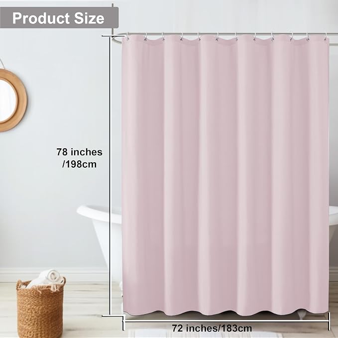 Zora 78 Inch Shower Curtain Set with 12 Plastic Hooks, Plain Fabric Shower Curtain for Bathroom - Long Shower Curtain, Water Resistance, Machine Washable Soft Cloth, 72WX78L, Blush Pink