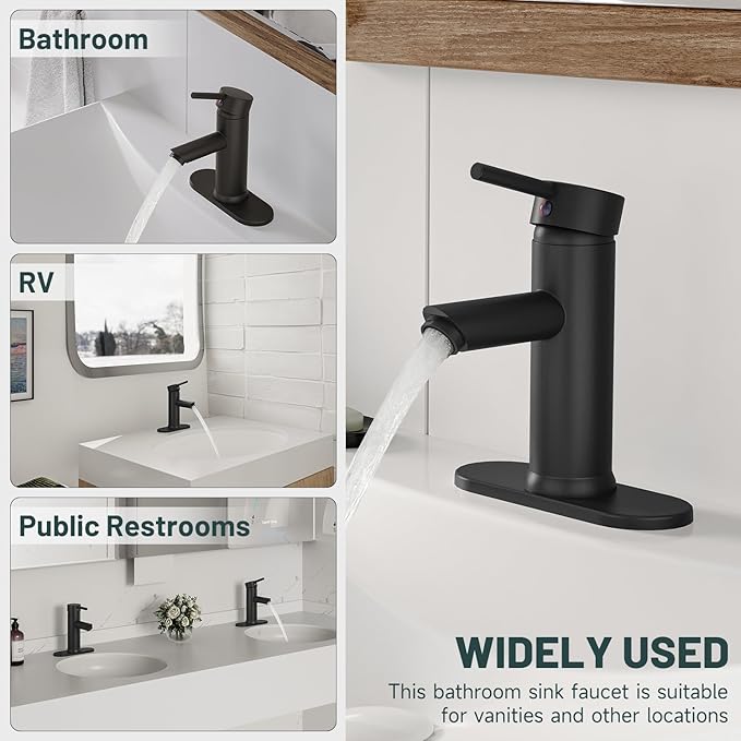 Black Bathroom Faucet, Greenspring Single Hole Bathroom Sink Faucet, Single Handle Sink Faucet Bathroom Lavatory Basin Vanity Sink Faucet with Pop Up Drain and Supply Line, Brass