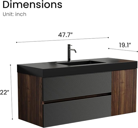 48 Inch Bathroom Vanity with Sink, Floating Bathroom Cabinet with 2 Soft-Closing Drawers & 1 Door, Large Storage for Apartment, Hotel, Walnut+Black, Black Sink(Already Assembled)