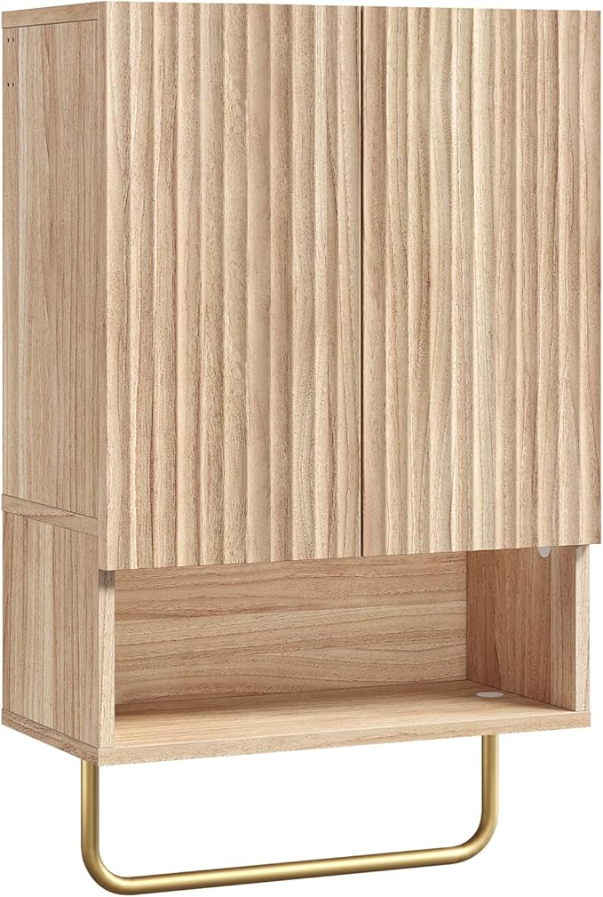 Bathroom Wall Cabinet, Wall Mounted Medicine Cabinets with Towel Bar & Adjustable Shelf, Over The Toilet Space Saver Storage Cabinet with 2 Doors, for Bathroom Laundry Room Kitchen, Natural