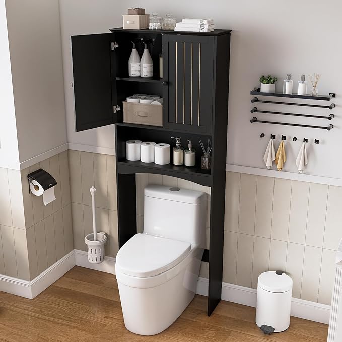 Over The Toilet Storage Cabinet for Small Bathrooms, Freestanding Space Saver with Double Doors & 2 Fixed Shelves, Stable Wood Organizer with Anti-Tip Kit, Fits 33-Inch Clearance Black