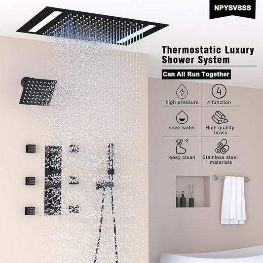 Black Thermostatic Shower System with 14x20 Inch Ceiling Mount LED Head & 6 Inch Wall Head and Handheld Shower 4 Function Vale with body jets, Matte Black
