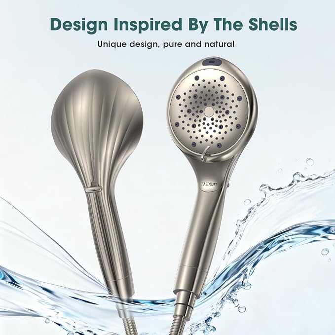FASDUNT High Pressure Filtered Handheld Shower Head, Brushed Nickel | 80" Long Stainless Steel Hose, Built-in Power Wash, Anti-clog Nozzles, Filter Beads for Hard Water, Remove Chlorine