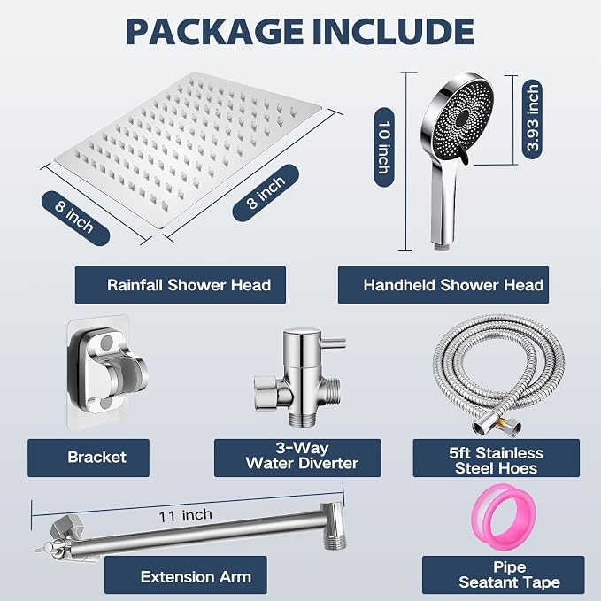 Shower Head, Rain Shower Head with Handheld Spray Combo, 8 Inch Adjustable High Pressure Rainfall Shower Head, Dual Showerhead Set with Extension Arm