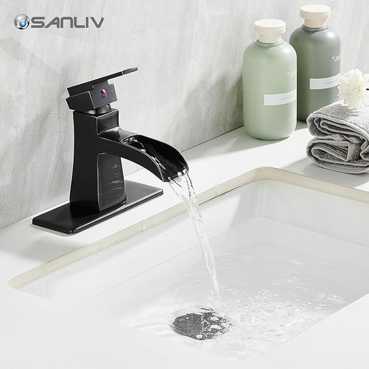 Oil-Rubbed Bronze Waterfall Bathroom Faucet, Sanliv Single Handle Centerset Bathroom Sink Faucet with Pop-Up Drain & Deck Plate for 1 or 3-Hole (4 inch) Installation, Bronze Vanity Faucet, ORB
