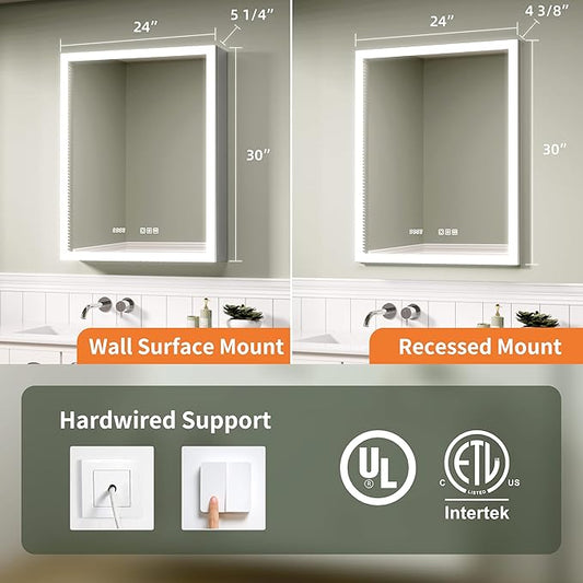 Edge LED Medicine Cabinet Mirror, 24x30 Inch Bathroom Storage, Recessed/Wall Mount, Plug-in/Hardwired, 3 Color Dimmable Light, Anti-Fog, Time Temp Display, Left Hinge