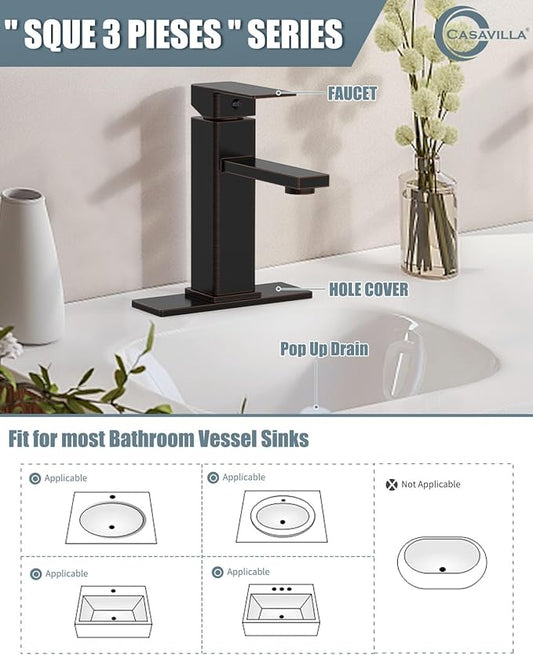 Bathroom Sink Faucet, Oil Rubbed Bronze Bathroom Sink Faucets & Parts(Pop-up Drain+6" Escutcheon Plate+Supply Hoses), Single Handle for Modern Farmhouse RV Sink