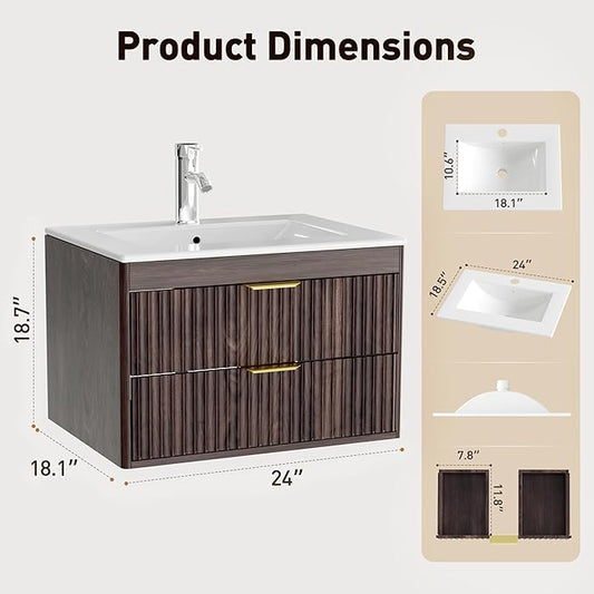 24 Inch Floating Bathroom Vanity with Sink, Bathroom Wall Cabinet with 2 Fluted Drawers & Metal Handle, Wall Mounted Cabinet for Bathrooms (Brown, 24 inch, with Sink)