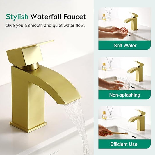CREA Gold Waterfall Bathroom Faucet Single Hole,Brushed Gold Faucet for Bathroom Vanity Single Handle Bathroom Sink Faucet 1 Hole,Stainless Steel Utility Sink Faucet for RV Bar Lavatory(Pop Up Drain)