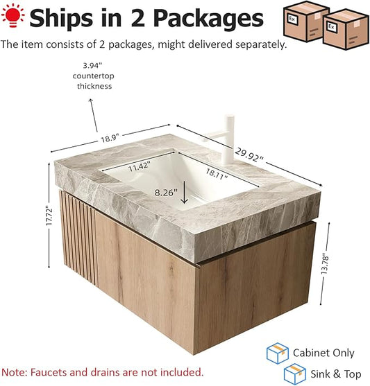 Ambrovina 30" Floating Bathroom Vanity with Sink, Modern Plywood Bathroom Storage Cabinet with Drawer and Door, Gray Sintered Stone Countertop and White Ceramic Basin, Pre-Assembled, Light Oak