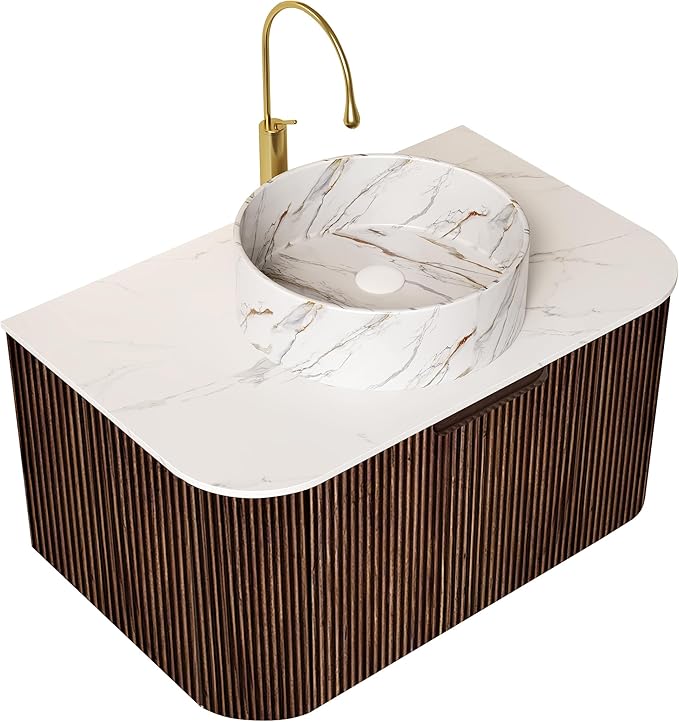 30'' Floating Vanity with Sink Combo, Modern Wall-Mounted Curved Edges Striped Bathroom Storage Cabinet with Soft-Close Drawer and White Stone Pattern Basin, Dark Walnut