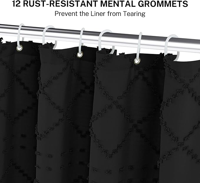 Extra Long Black Woven Fabric Boho Shower Curtain with Tassels 72 x 80 Modern Farmhouse Minimalist, Tufted Chevron Textured Striped Shabby Chic, Water Resistant Cloth Curtain for Bathroom, Hotel Decor