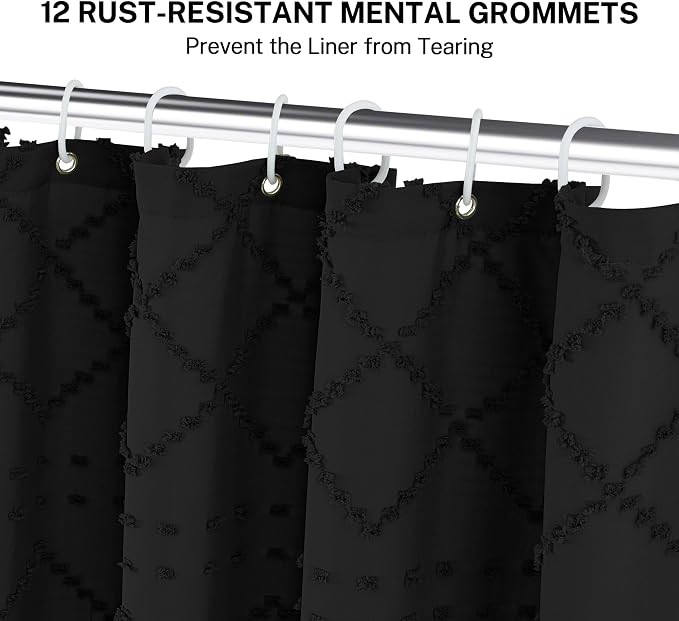 Extra Long Black Woven Fabric Boho Shower Curtain with Tassels 72 x 90 Modern Farmhouse Minimalist, Tufted Chevron Textured Striped Shabby Chic, Water Resistant Cloth Curtain for Bathroom, Hotel Decor