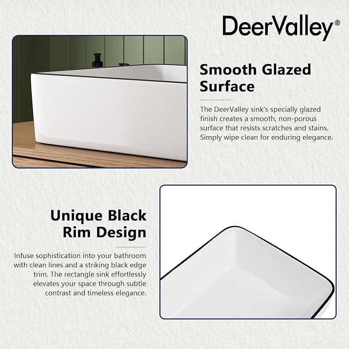 DeerValley 19x15 Inch White and Black Rectangular Vessel Sink, Porcelain Ceramic Above Counter Bathroom Vanity Basin, Modern Art Design, DV-1V0002