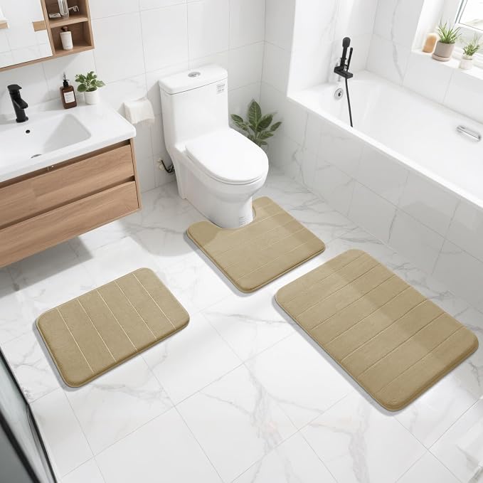 Yimobra Memory Foam Toilet Bath Mat U-Shaped, Soft and Comfortable, Super Water Absorption, Non-Slip, Thick, Machine Wash and Easier to Dry for Bathroom Commode Contour Rug, 24 X 20, Pale Khaki