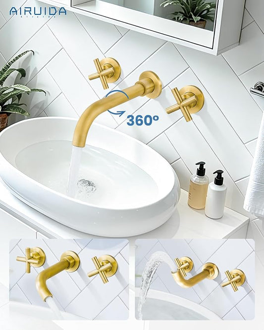 Airuida Solid Brass Antique Brass Wall Mount Bathroom Faucet | 360° Swivel Spout,Rough in Valve,2 Cross Handle,3 Hole,Widespread