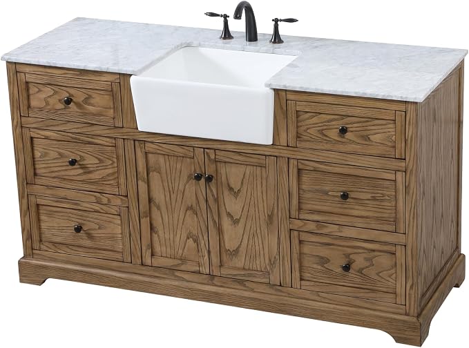 60" Pre-Assembled Bathroom Vanity with Sink, Solid Birch and MDF, Carrara White Marble Countertop Attached, Single Rectangle Porcelain Sink, 6 Soft-Close Drawers, Driftwood