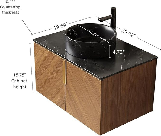 30" Floating Bathroom Vanity with Sink Combo, Modern Vanity with Vessel Sink, Wall-Mounted Bathroom Vanity Cabinet with Doors, Black Countertop and Black Round Ceramic Basin,Brown Oak