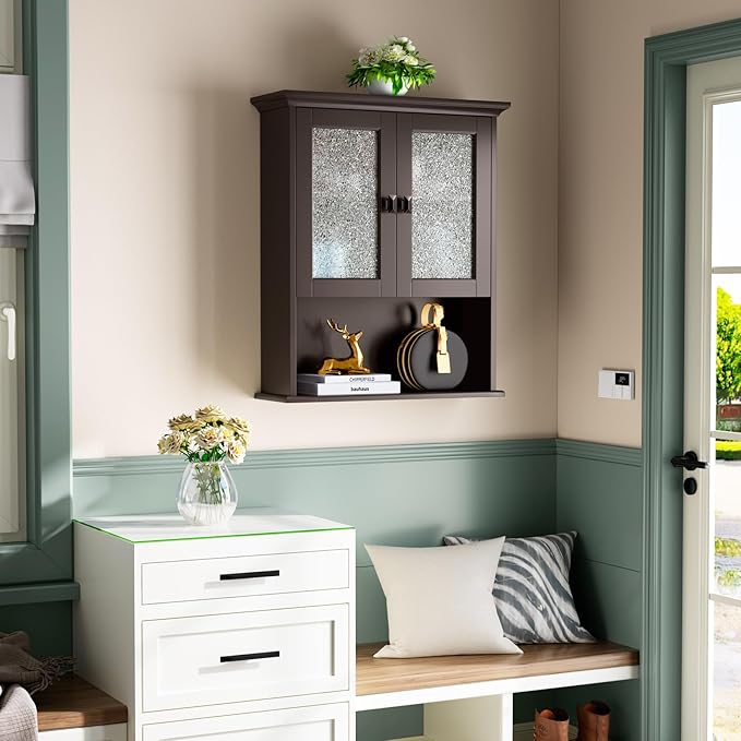 Bathroom Medicine Cabinet Wall Mount, Above Toilet Storage Cabinet with Tempered Glass Door and Buffering Hinge Wall Cabinet Bathroom Organizer Over The Toilet Storage Cabinet (Espresso)