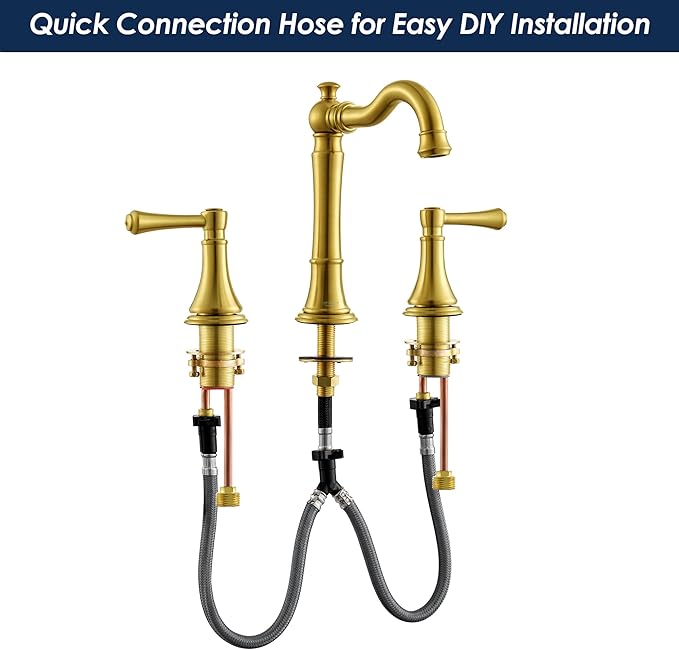 Brushed Gold Faucet Bathroom 8 inch Widespread for 3 Holes with Plastic Pop-Up Drain, Classical 2-Handle Gold Bathroom Vanity Sink Faucets, High Arc 360° Brass Swivel Spout