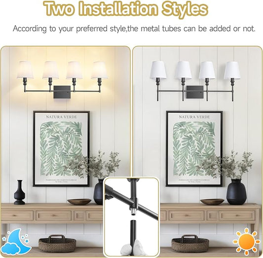 Black Bathroom Vanity Light 4 Light,32.3In Vintage Bathroom Light Fixtures Over Mirror,Hardwired Vanity Wall Sconce with Flared White Fabric Lampshade for Bedroom,Living Room,Foyer,E12 Base