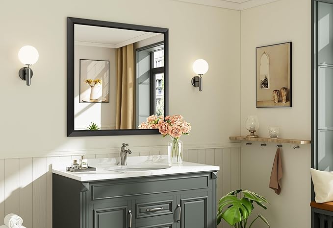 Black Metal Framed Bathroom Wall Mirror, 36x36 Inch | Anti-rust, HD tempered glass, for bathroom vanity, bedroom, living room, horizontal or vertical mount
