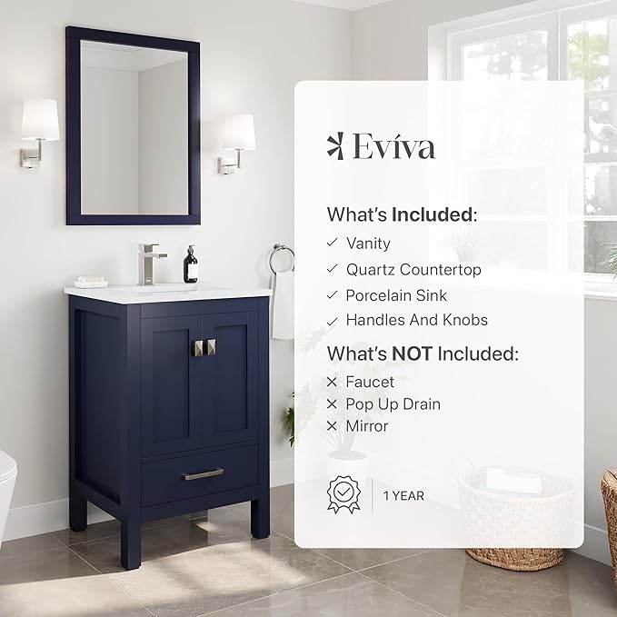 Eviva London 24 in. Blue Single Sink Bath Vanity with Carrara Quartz Top and Undermount Porcelain Sink