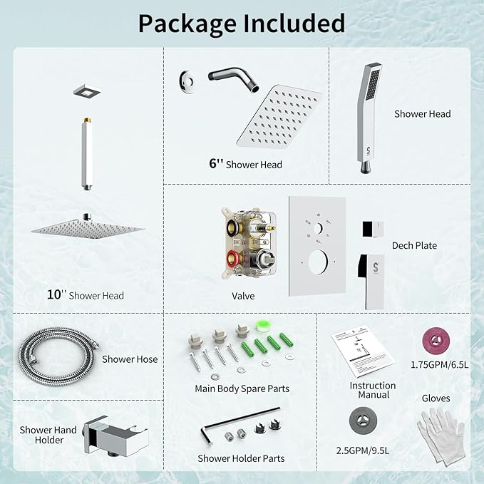 Shower Faucet Set Shower System - SR SUN RISE Polished Chrome Shower Trim Kit with Dual Shower Head, 10'' Ceiling Rainfall 6'' Wall Mount with Handheld Shower for Couples, Complete 6 Diverter Valve
