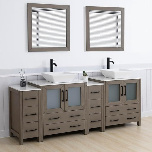 Vanity Art 84 Inch Vessel Double Sink Bathroom Vanity Cabinet with 2 Mirrors, Engineered Marble Top Bathroom Cabinet Compact Set with 10 Dovetail Drawers and Soft Closing Doors, VA3130-84DG