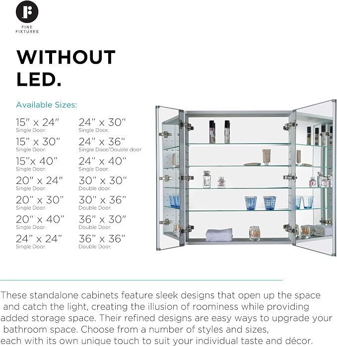 Bathroom Medicine Cabinet, Aluminum, Recessed/Surface Mount, 30" x 36", Right/Left Hinged, Mirrored Interior