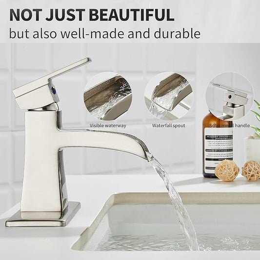Brushed Nickel Waterfall Bathroom Faucet, Sanliv Single Handle Bathroom Sink Faucet with Pop-Up Drain & Deck Plate for 1 or 3-Hole (4 Inch Centerset) Modern Vanity Faucet Brushed Nickel