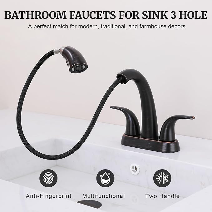 Bathroom Faucet with Sprayer, 4 Inch Oil Rubbed Bronze with Pop Up Drain | Ultimate Unicorn Centerset Pull Down Vanity Faucets 3 Hole- Two Handle Modern Washbasin Tap Set for Rv Lavatory Restroom