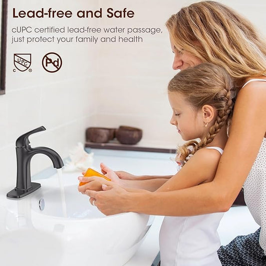 Matte Black Single Hole Bathroom Faucet, Single Handle Brass Bathroom Sink Faucet, Lavatory Vanity Faucet for 1 or 3 Holes, Bathroom Faucets with Pop Up Drain and Supply Lines, Deck Plate