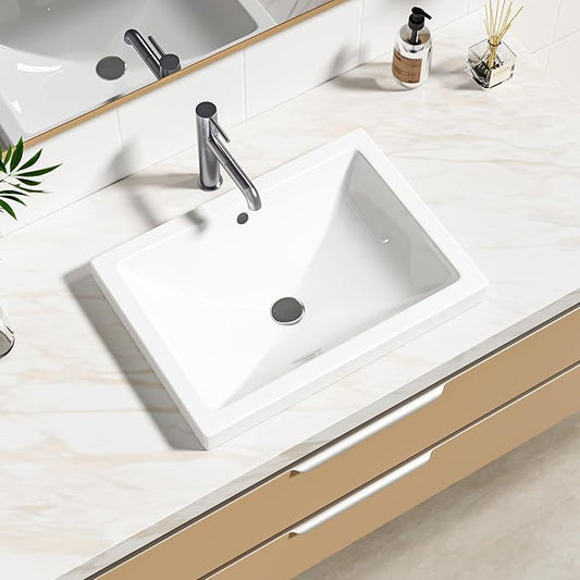 Enbol 20.6" x 14.7" Drop in Bathroom Sink Rectangle Vessel Sink Self-rimming Top Mount Bathroom Sink White Ceramic Lavatory Vanity with Overflow O2014-2