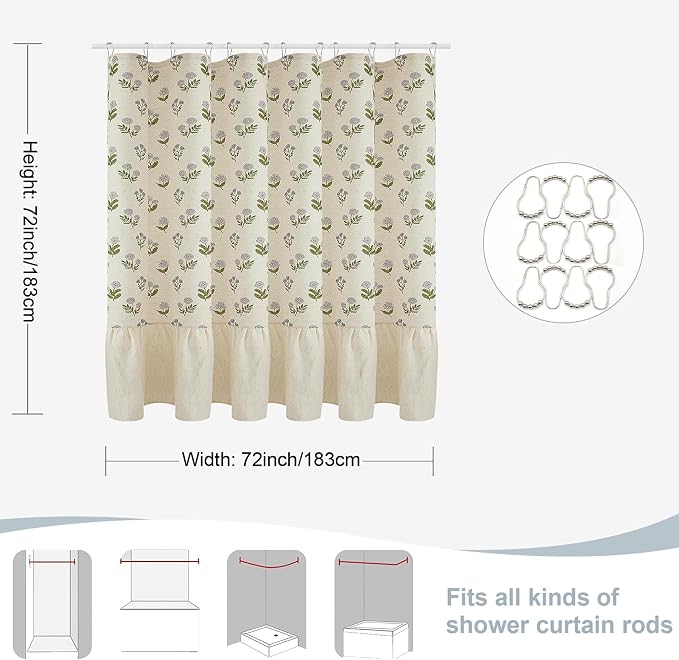 ORTIGIA Linen Textured Ruffle Shower Curtain 72x72 Inch with Metal Hooks, Vintage Blue Green Floral Flowers Block Print Boho Waterproof Bath Curtain for Rustic Farmhouse Bathroom Decor