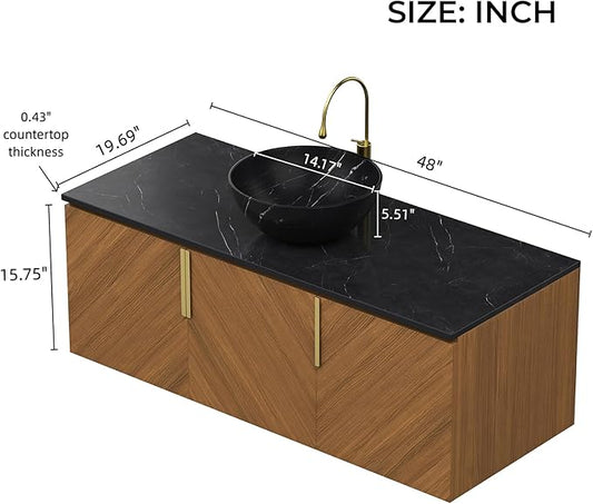 LKTART 48 Inch Bathroom Vanity with Sink, Modern Wall Mounted Bathroom Sink with 3 Doors, Black Sintered Stone Countertop and Black Bowl Ceramic Basin
