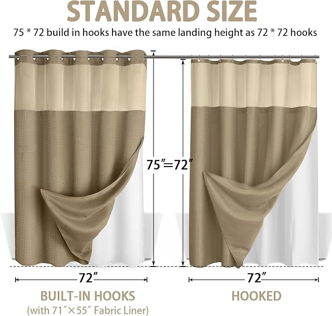 No Hook Shower Curtain with Liner Set Hotel Waffle Curtain Beige 72W X 75L | Washable Snap in Fabric Liner, Mesh Top Window, Waffle Hotel Style Shower Curtain Set