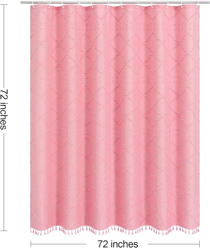 Pink Boho Woven Fabric Shower Curtain with Tassel 72 x 72, Tufted Textured | Modern Farmhouse Curtain for Bathroom, Standard Bathroom Curtain, Minimalist Decor, Waterproof