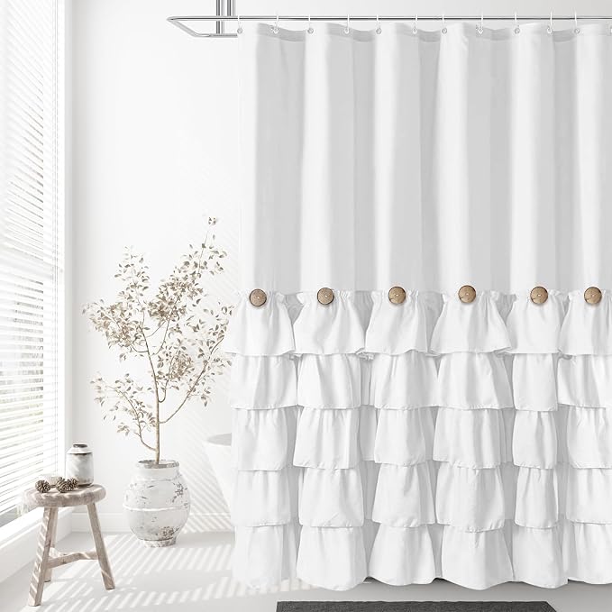 Seasonwood White Ruffle Shower Curtain Farmhouse Shower Curtain 72 X 84 | Natural button accents, layered fabric tiers, shabby chic and French country styling for decorative bathroom updates