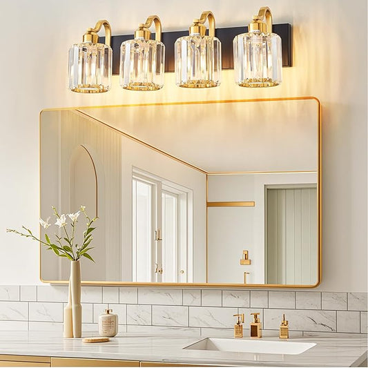 Crystal Vanity Lights for Bathroom, 4 Light Bathroom Vanity Light, Modern Matte Black and Gold Wall Lighting Fixtures with Crystal Round Shade (Exclude Bulb)